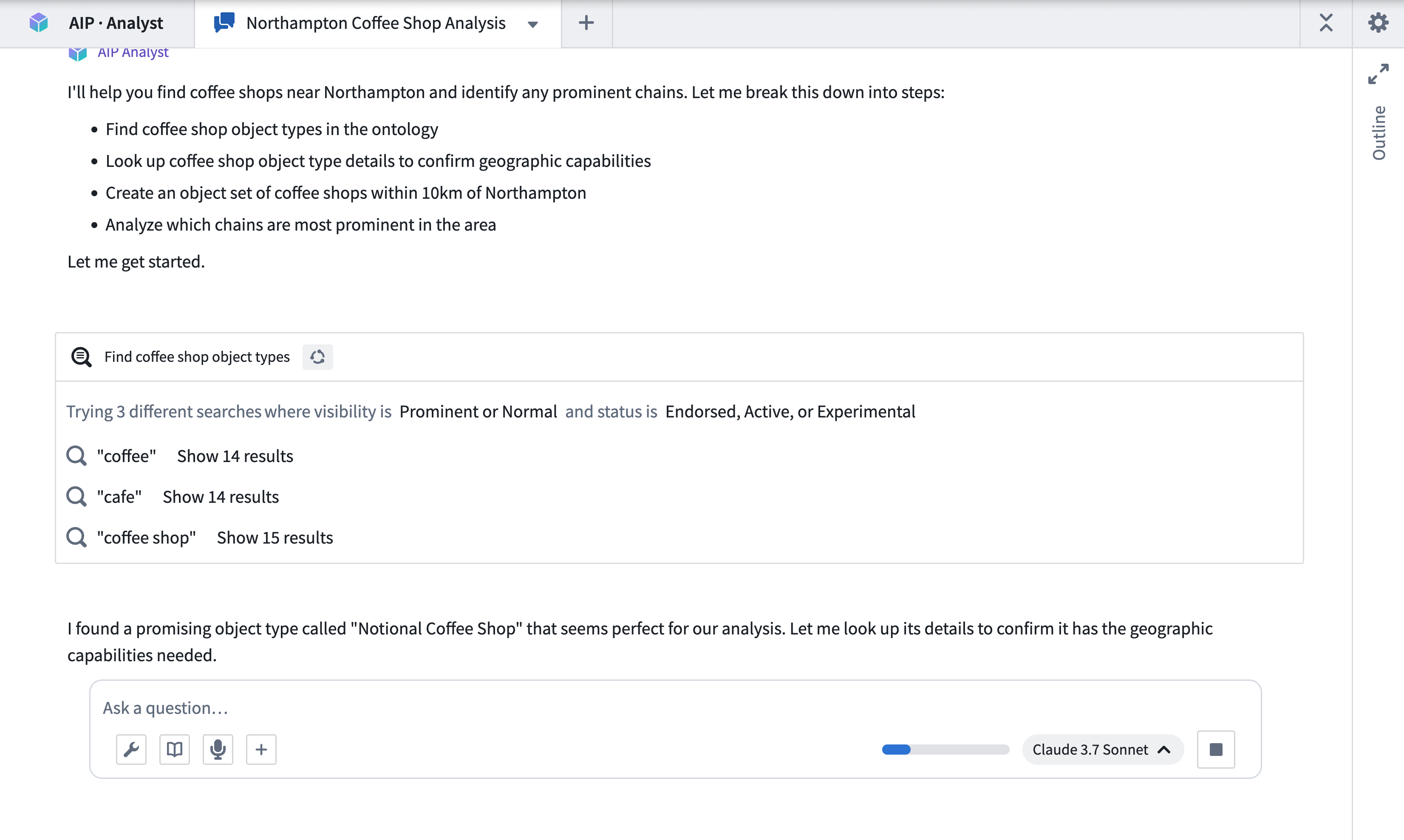 An AIP Analyst object type search.