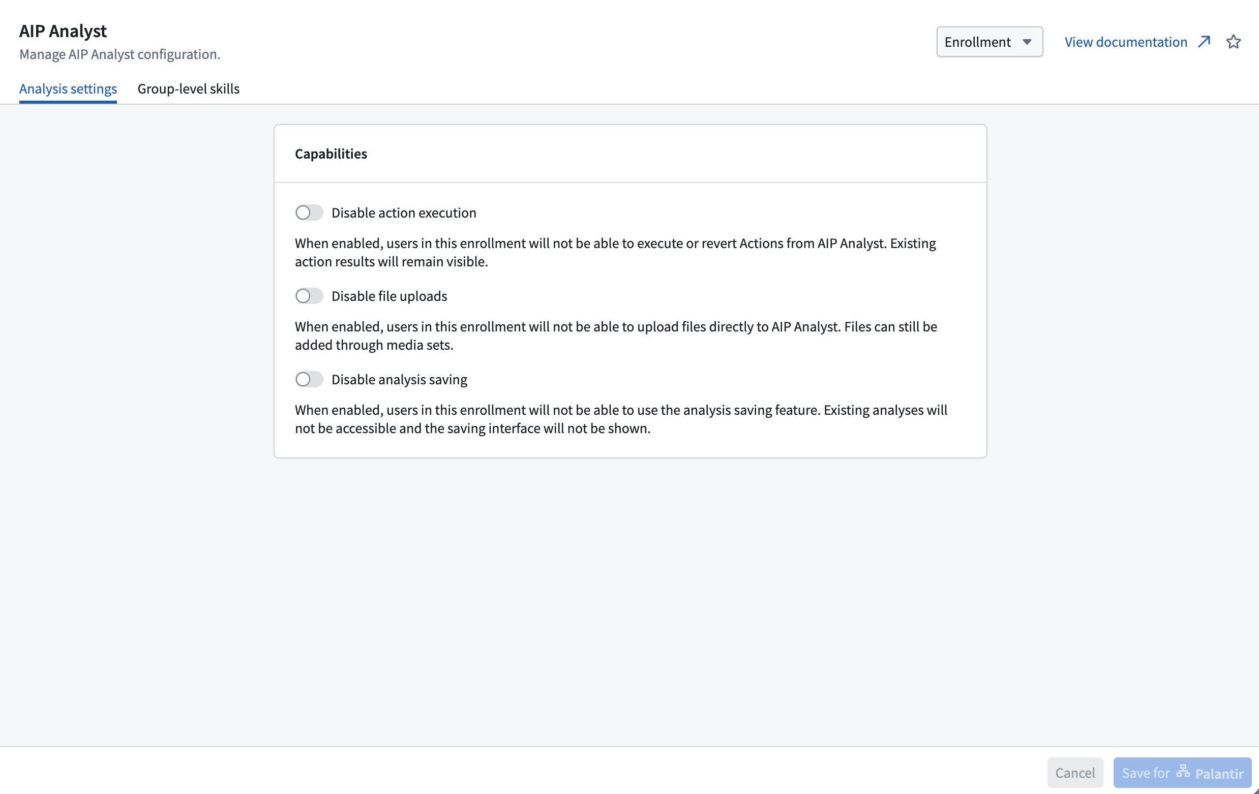 The enrollment settings provide controls for action execution, file uploads, and analysis saving.