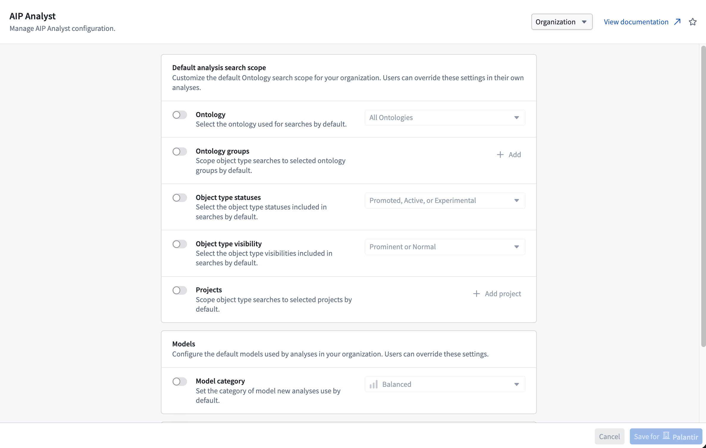The organization settings provide controls for default analysis search scope and required PDF watermarks.
