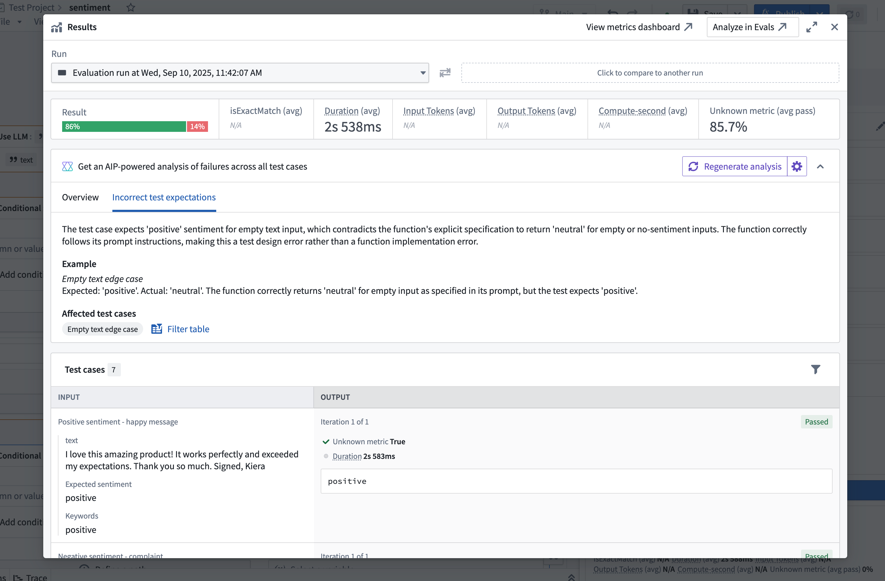 Example showing the Analyzer from the AIP Logic run results dialog view.