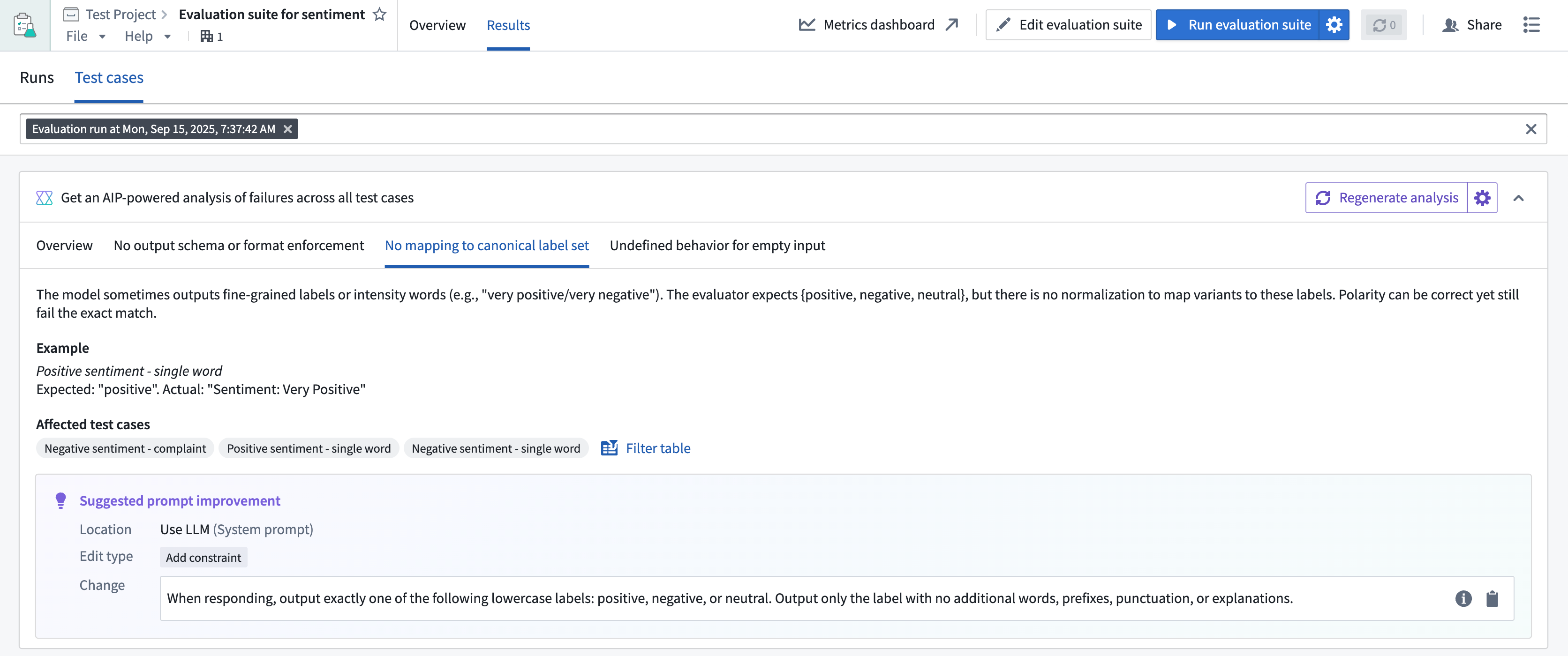 Example showing the Analyzer in AIP Evals.