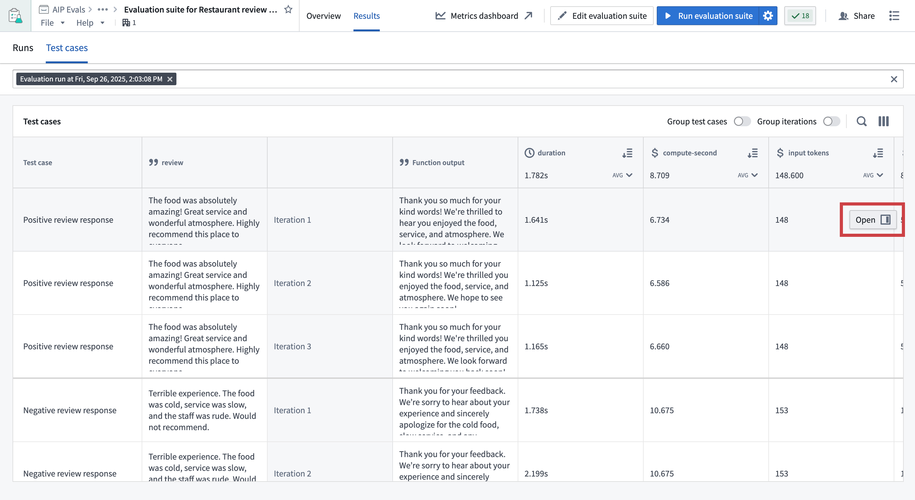 AIP Evals app result view.