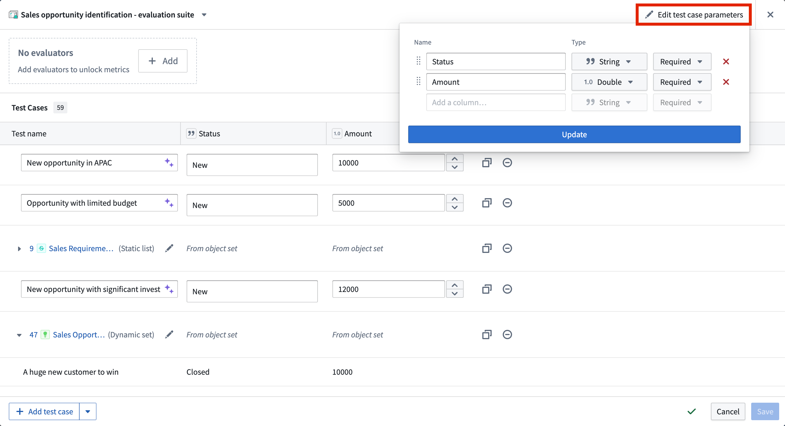 Configure test case parameters.