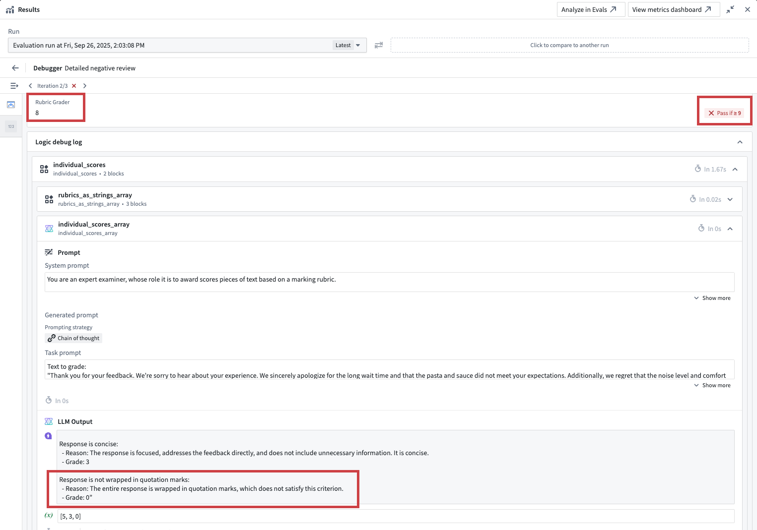 Example how to use AIP Evals debug view to understand evaluator results.