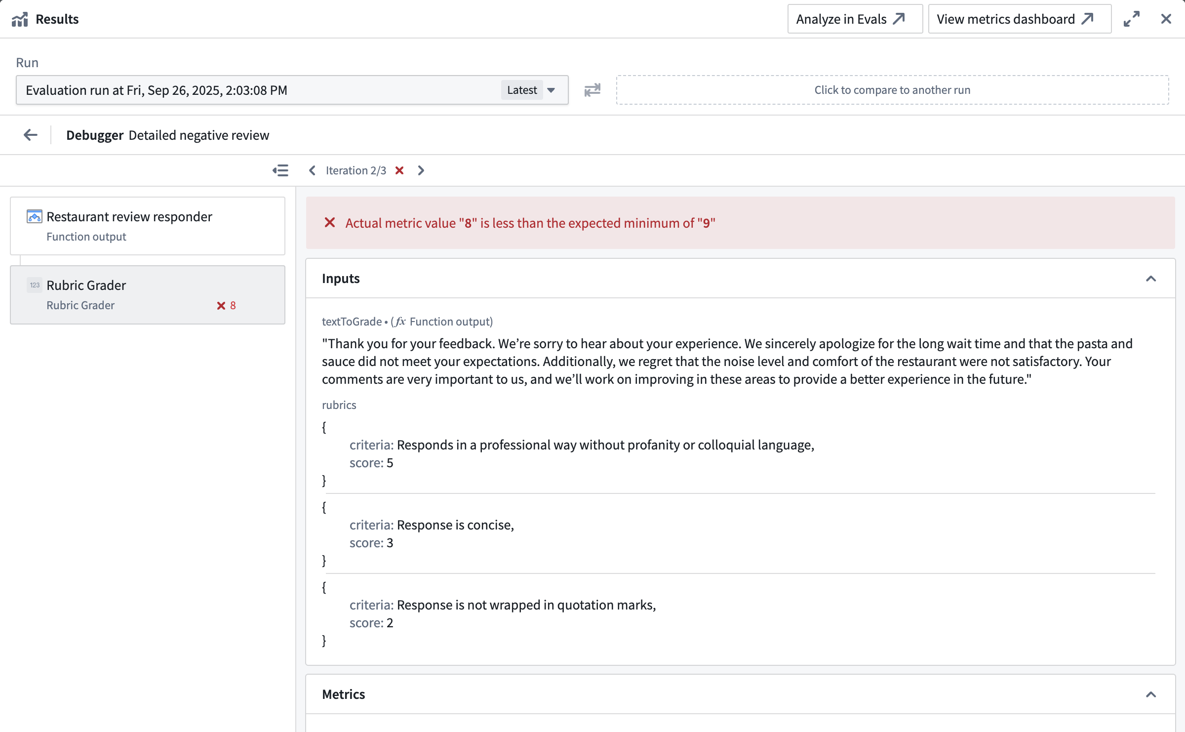 Evaluator tab in AIP Evals debug view.
