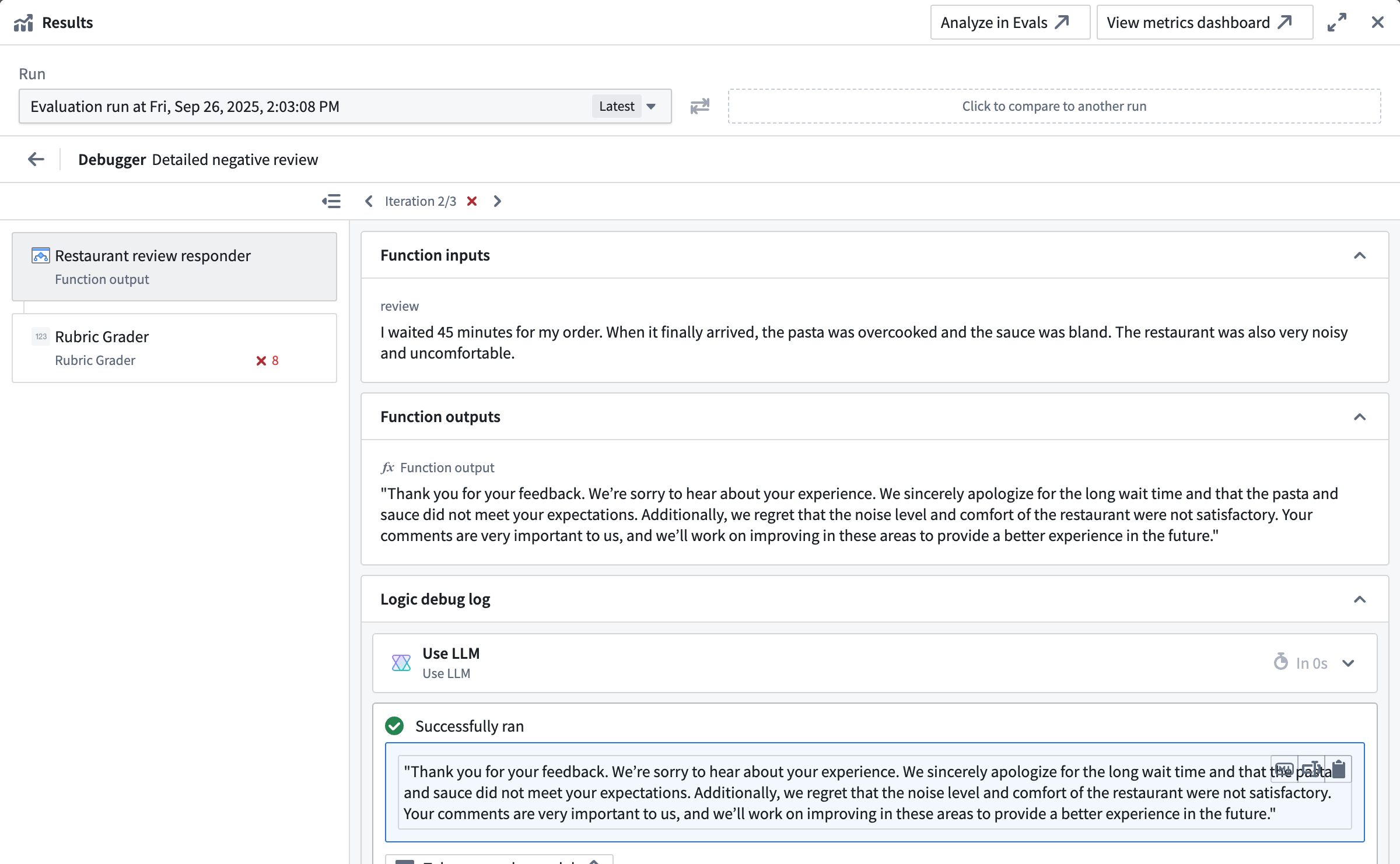 Function output in AIP Evals debug view.
