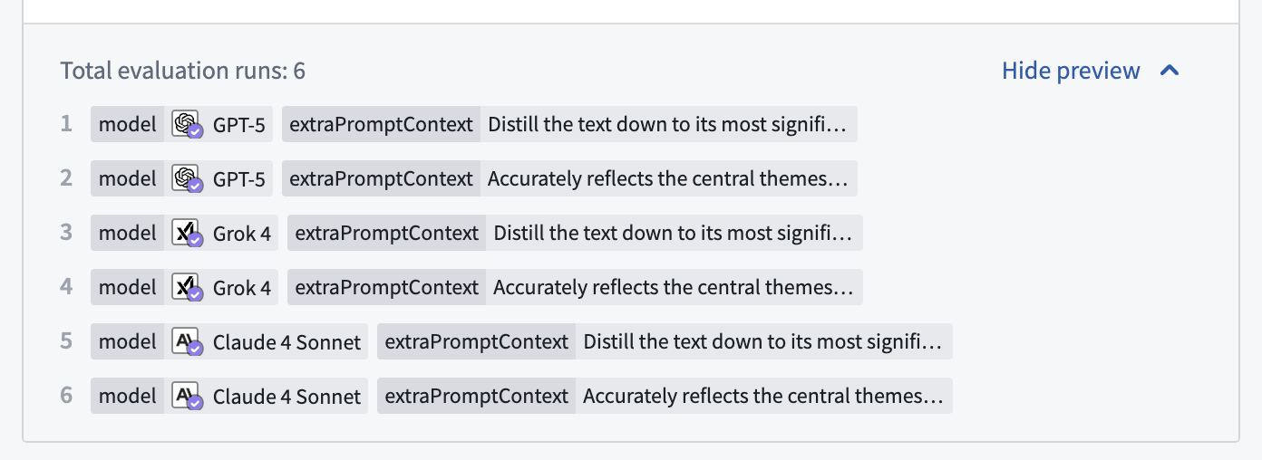 A preview of the total evaluation runs.