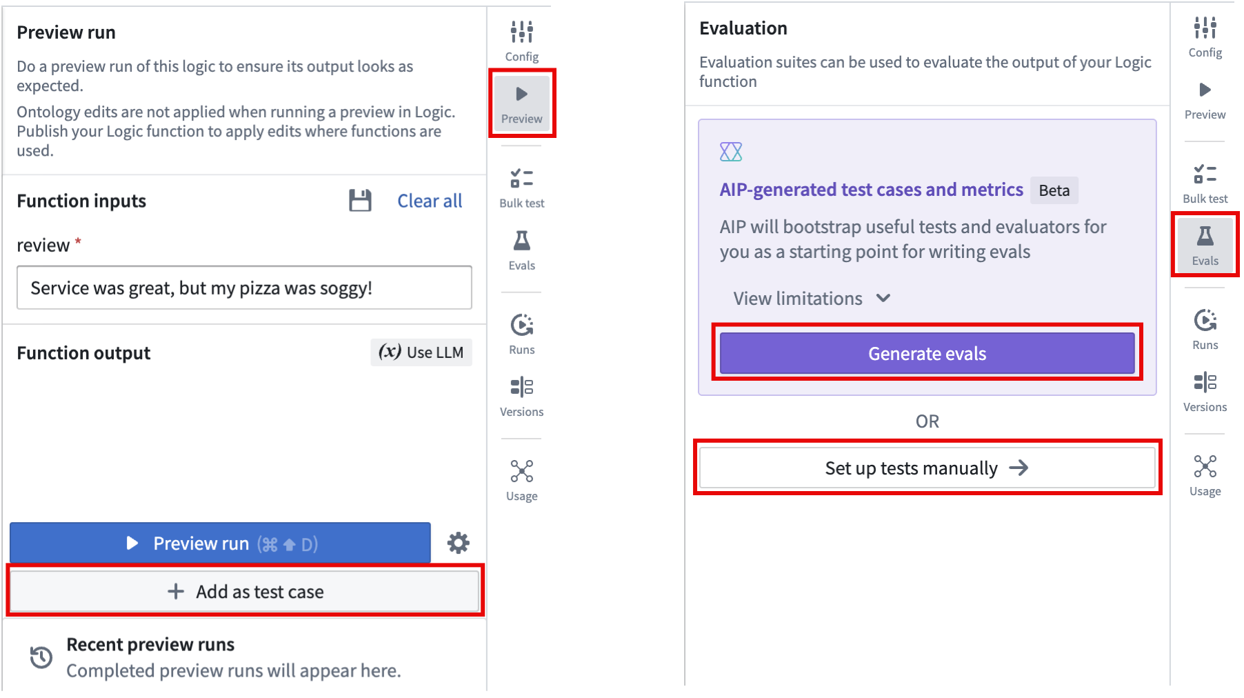 Create your evaluation suite from AIP Logic.