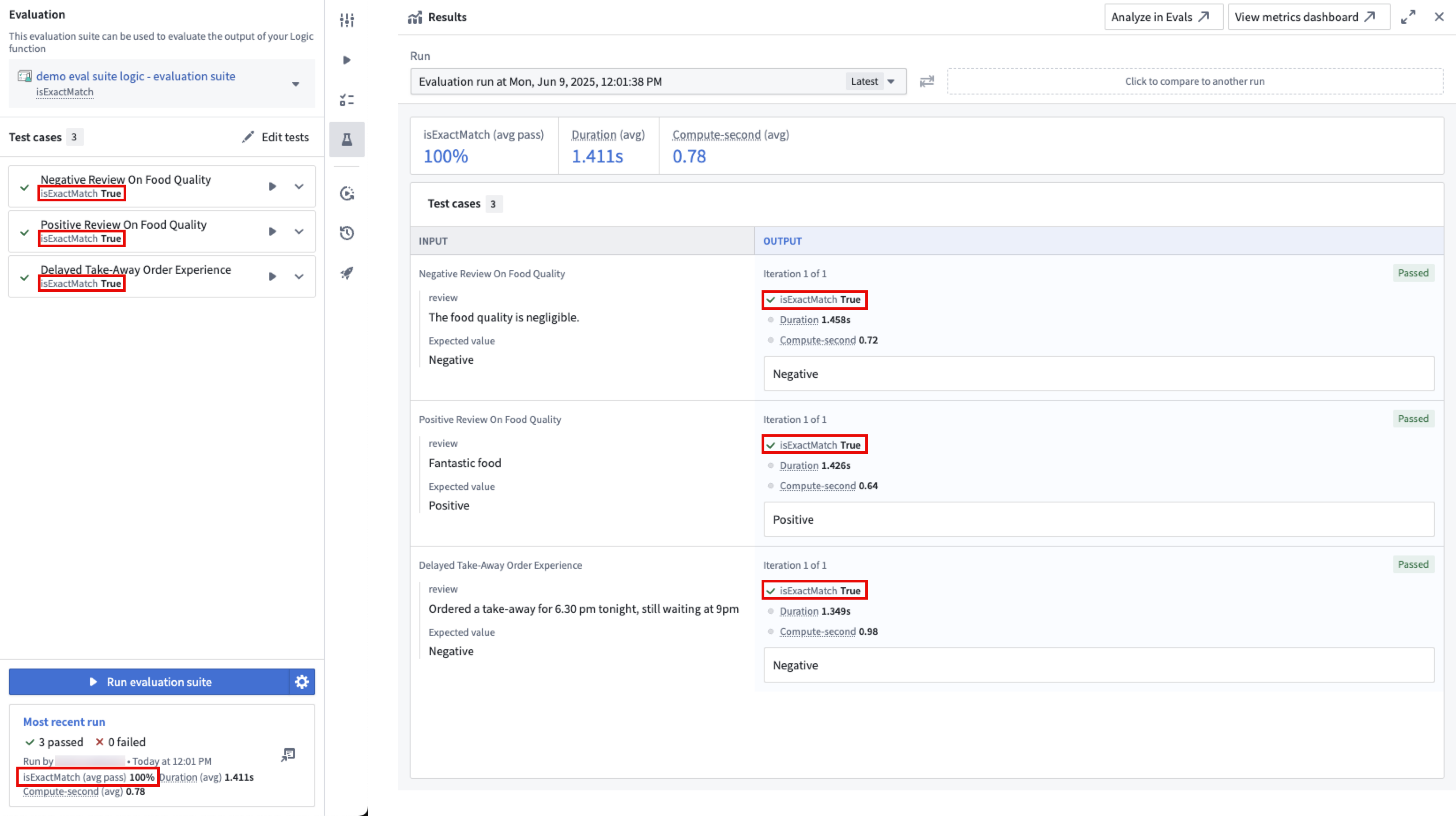 Review results with string match evaluator.