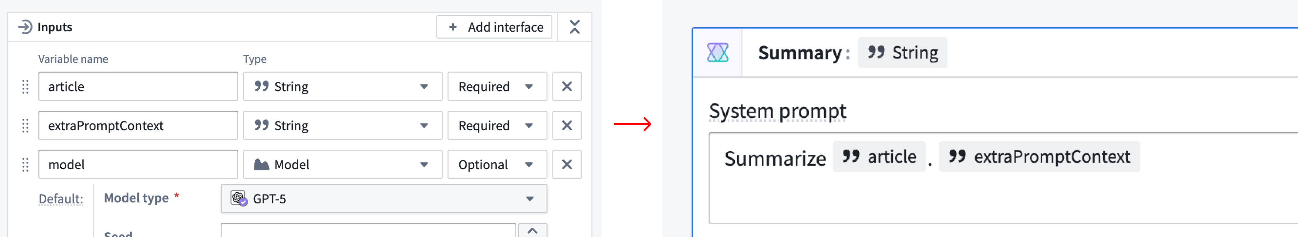 Adding a model as an optional input and extraPromptContext as a required input to a Logic function.