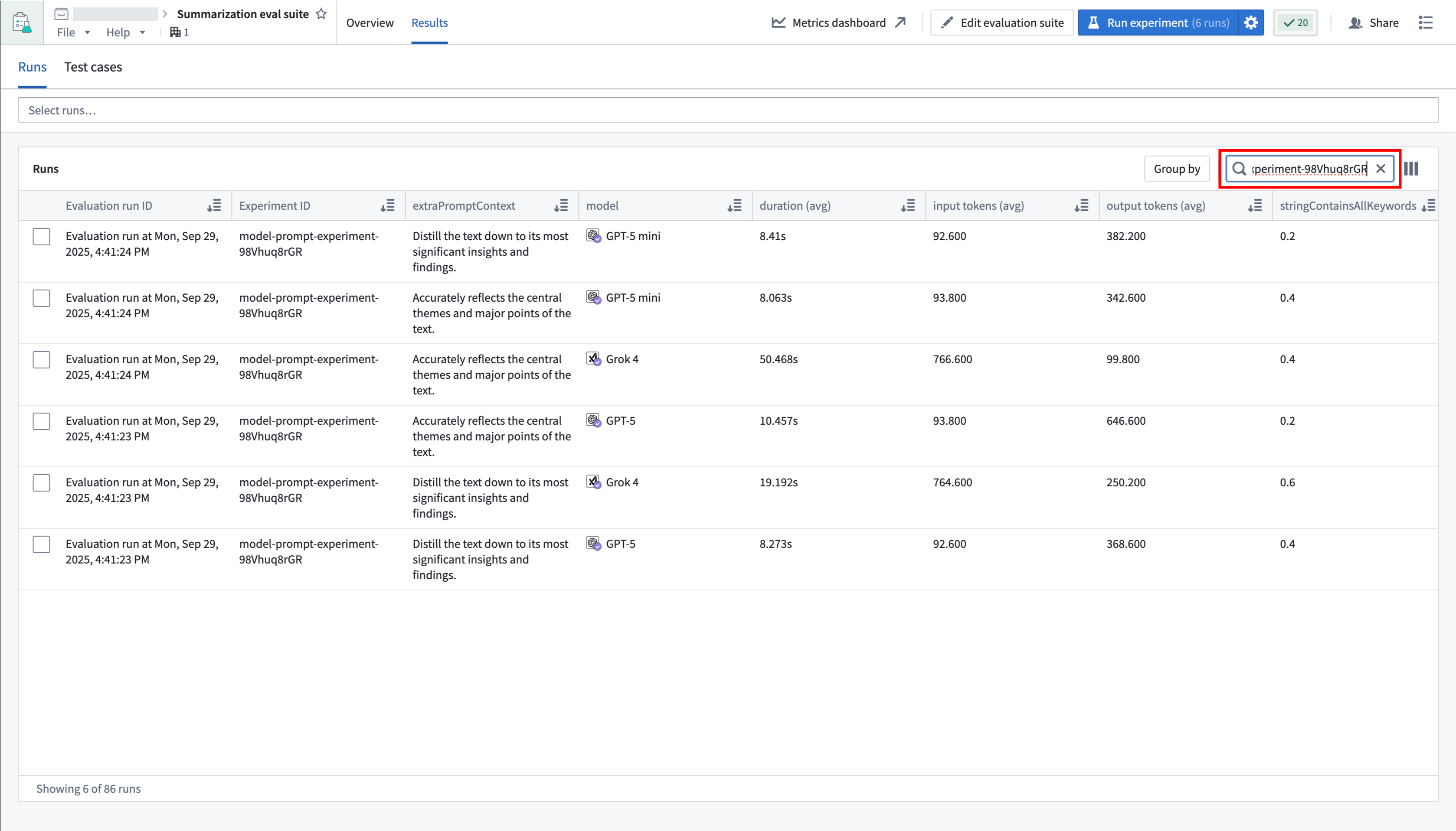 The "Runs" table in Evals, filtered down to the latest experiment.