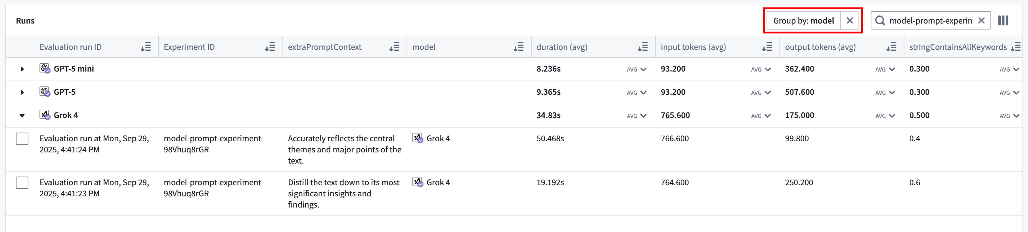 Grouping by model to view aggregate metrics.