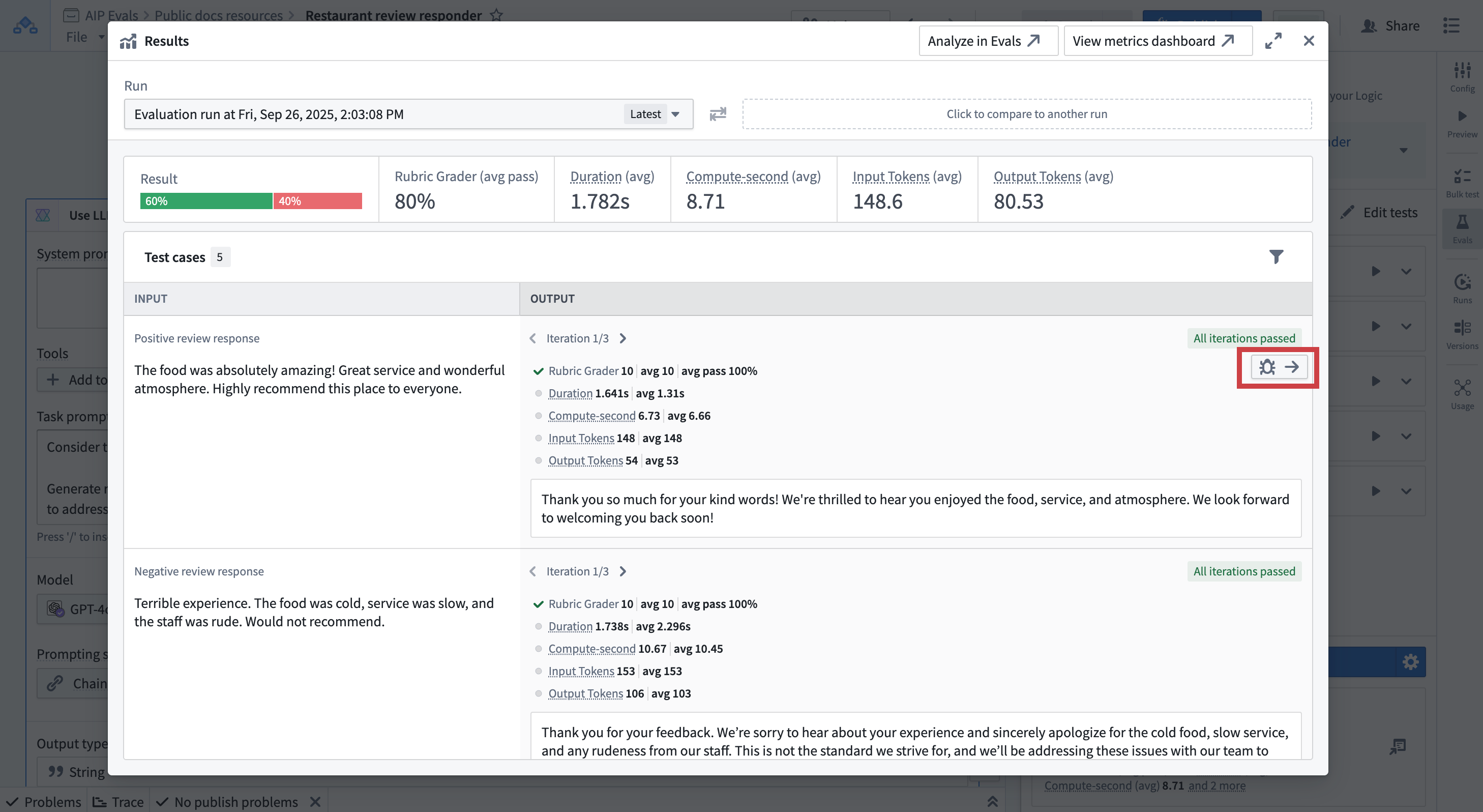 AIP Evals run result view in AIP Logic.