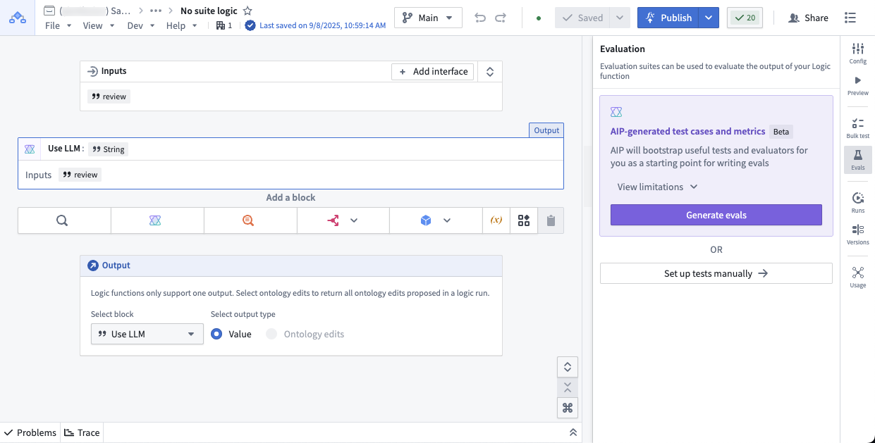 Evaluations side panel in an AIP Logic function.