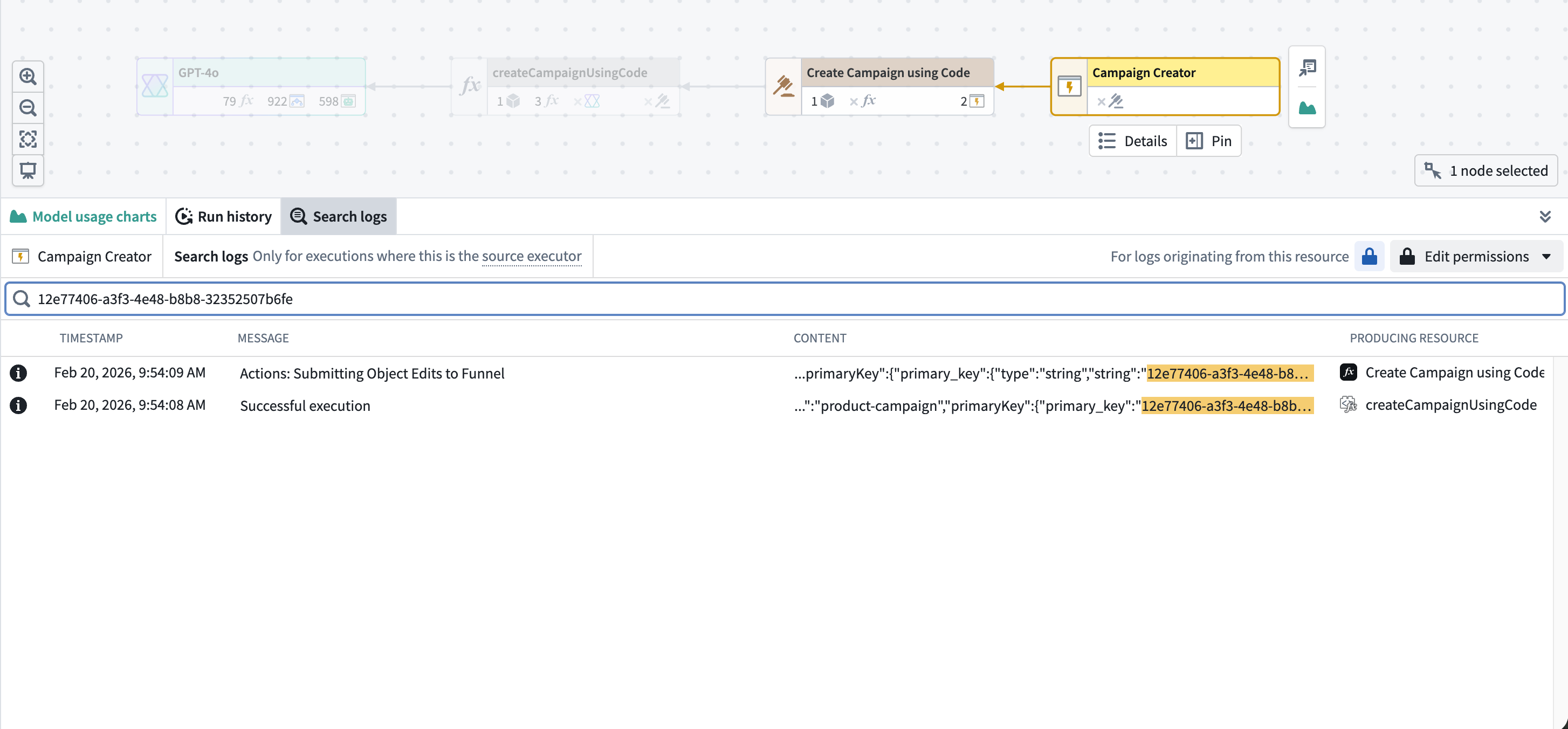 Log search results showing matching text highlighted in the Content column.