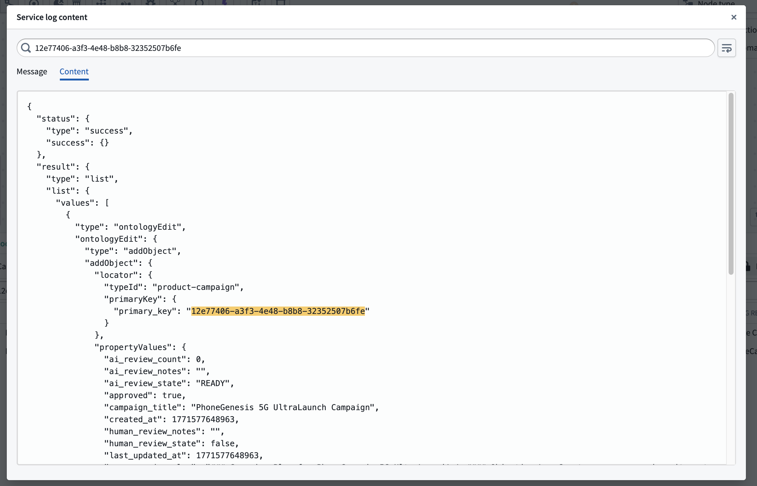 Service log content dialog showing the Content tab with formatted JSON and highlighted search match.