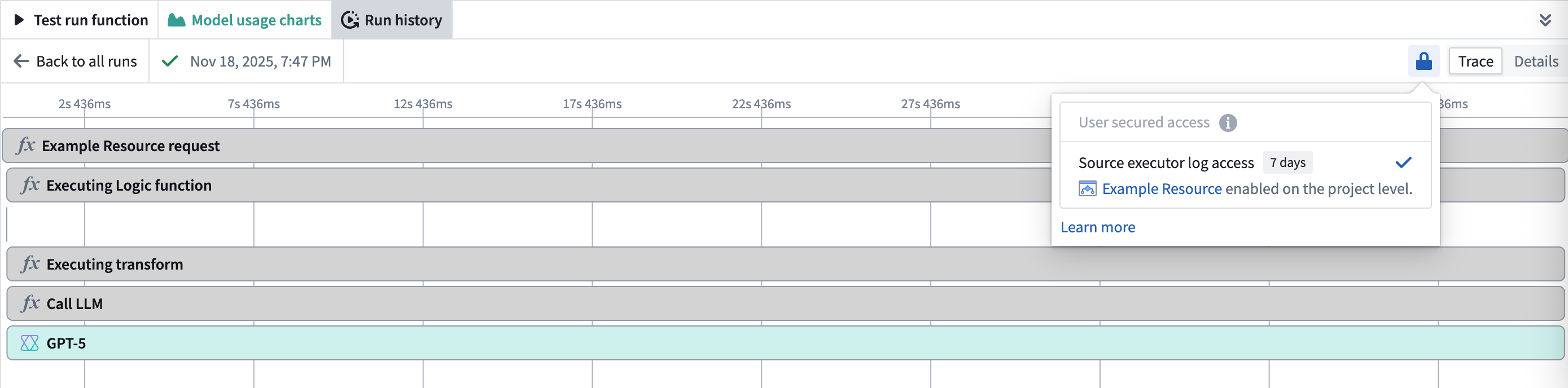 Project-level log access showing enabled status for all executions.