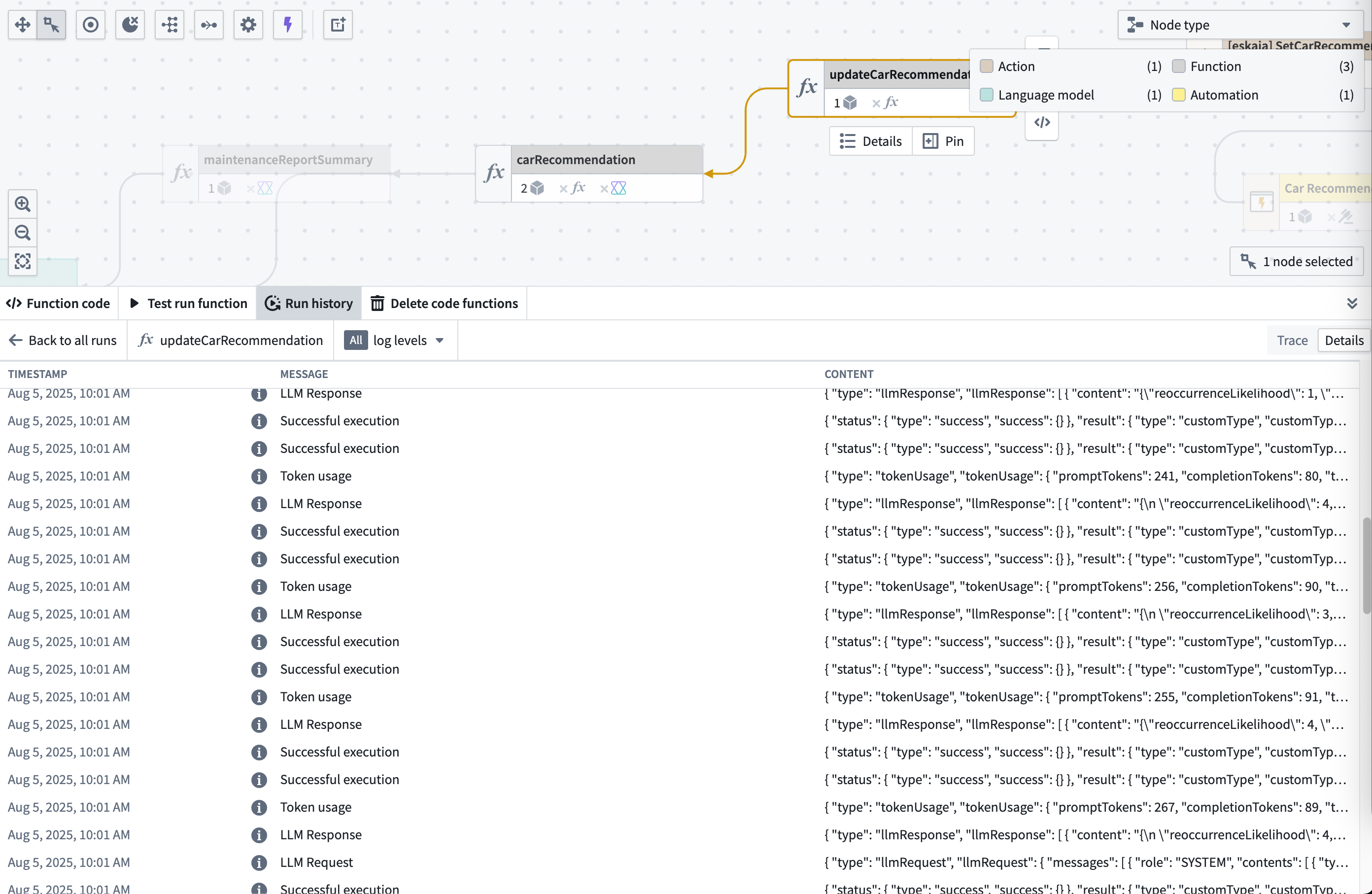 Example Workflow Builder with service logs