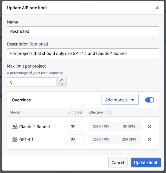 Add model overrides to control model level usage on projects.