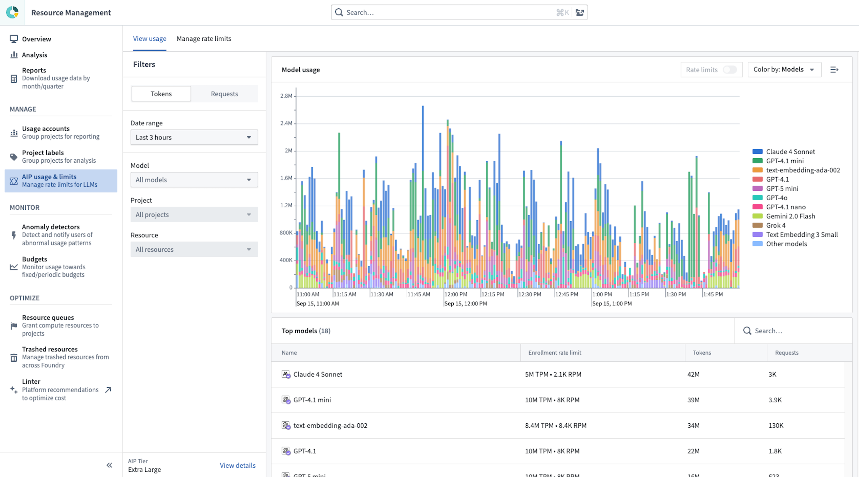 AIP token usage views page.