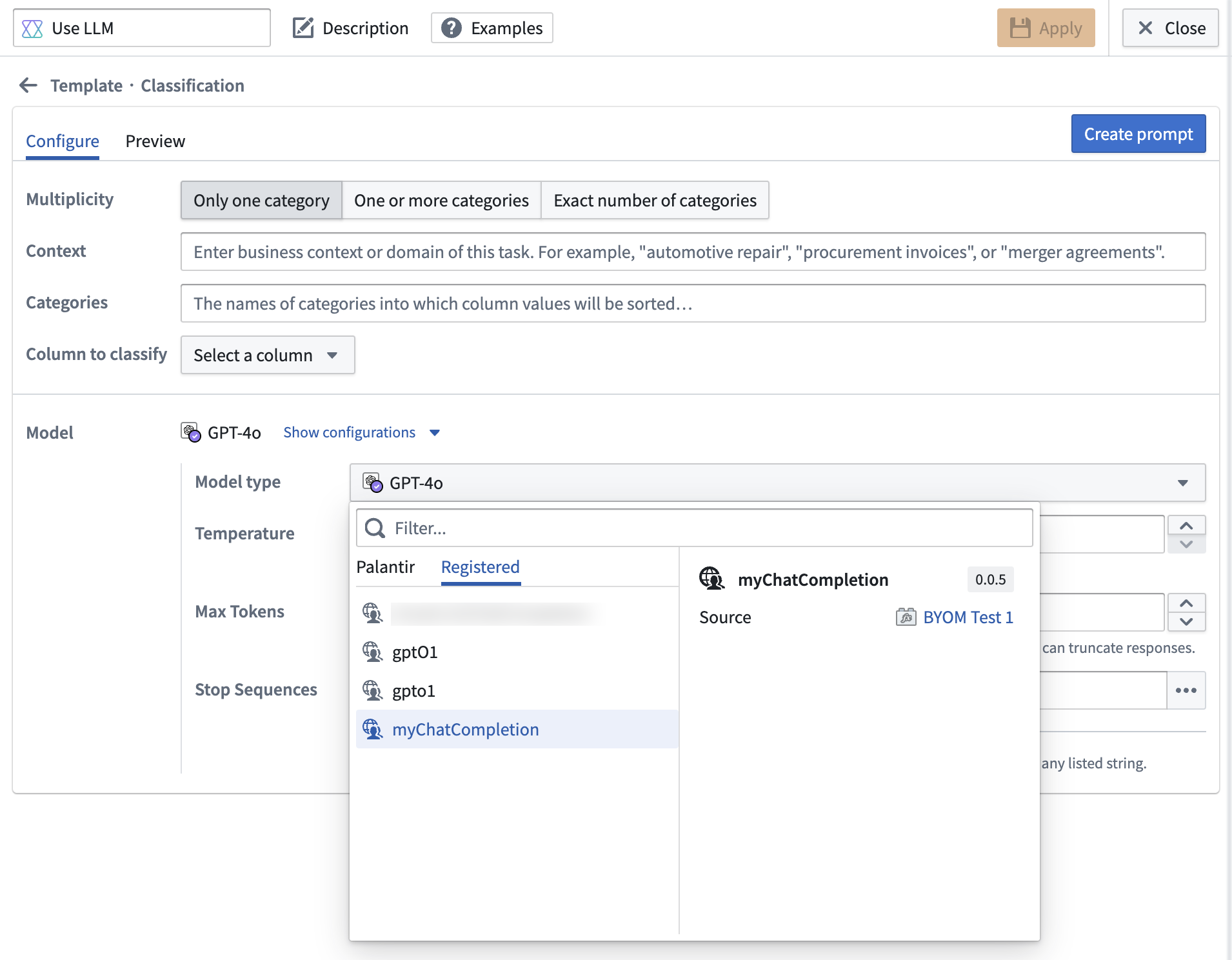 Use LLM interface in Pipeline Builder showing registered LLM.