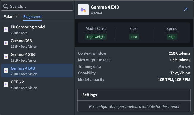 The model selector showing a registered model backed by a compute module with its capabilities.