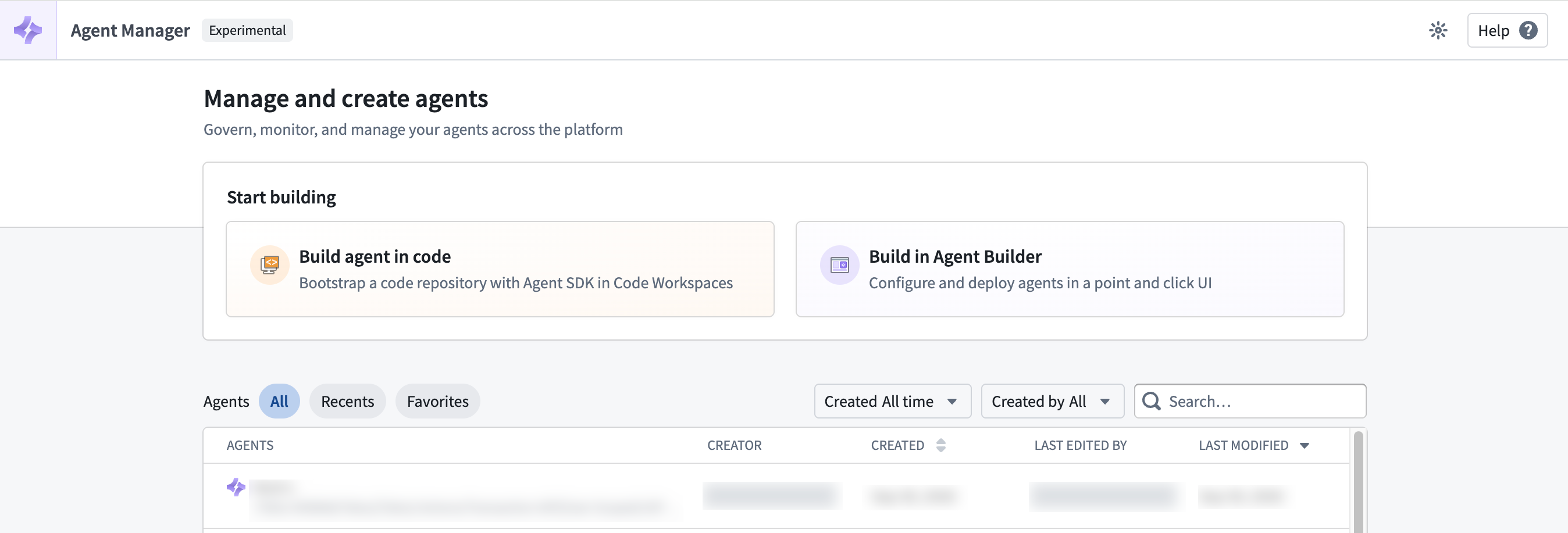 Agent Manager のホームページには、エージェントを作成したり、公開済みエージェントの一覧を見たりするための選択肢が表示されます。