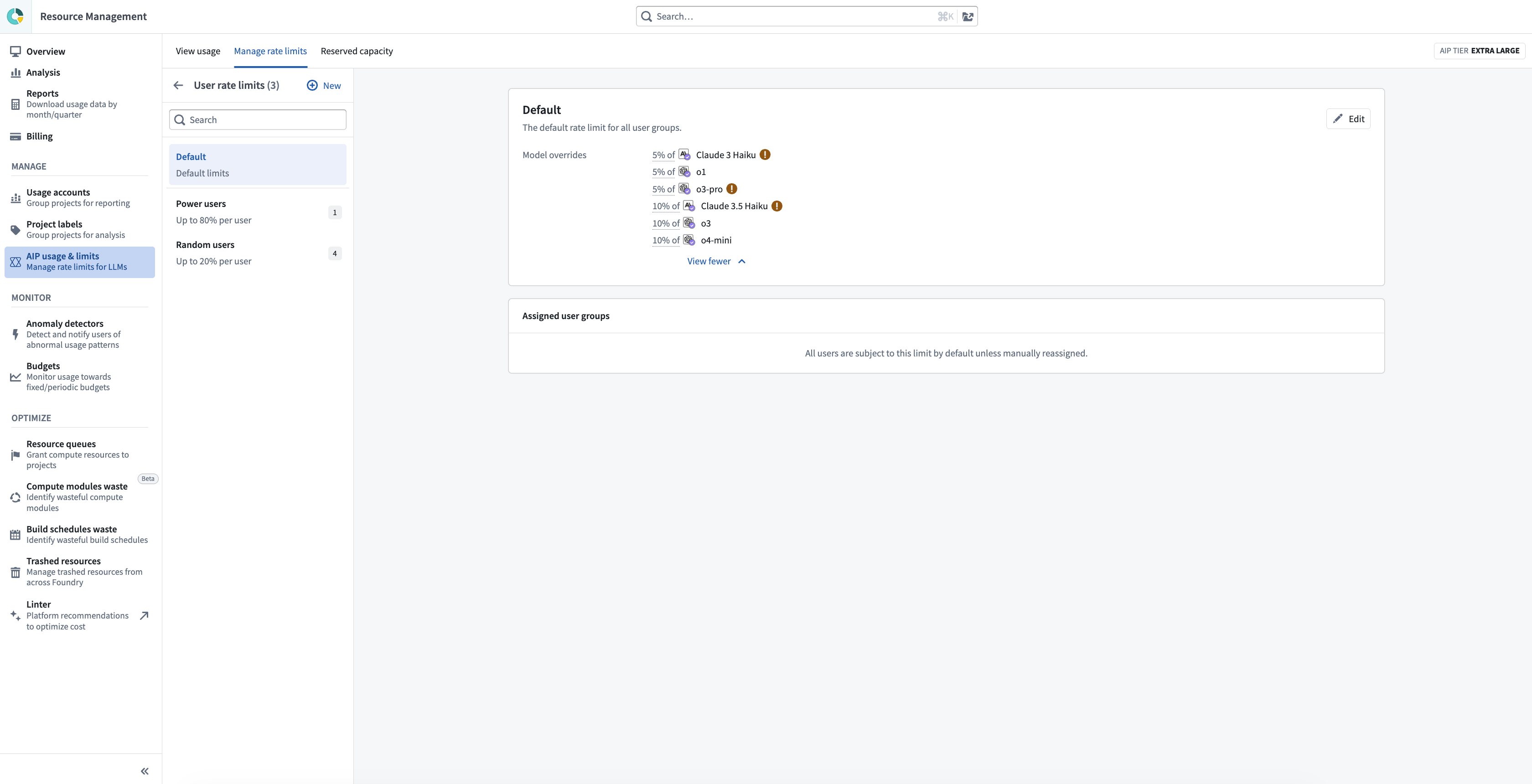 The user rate limits configuration page displays default per-user limits and user-group override settings.