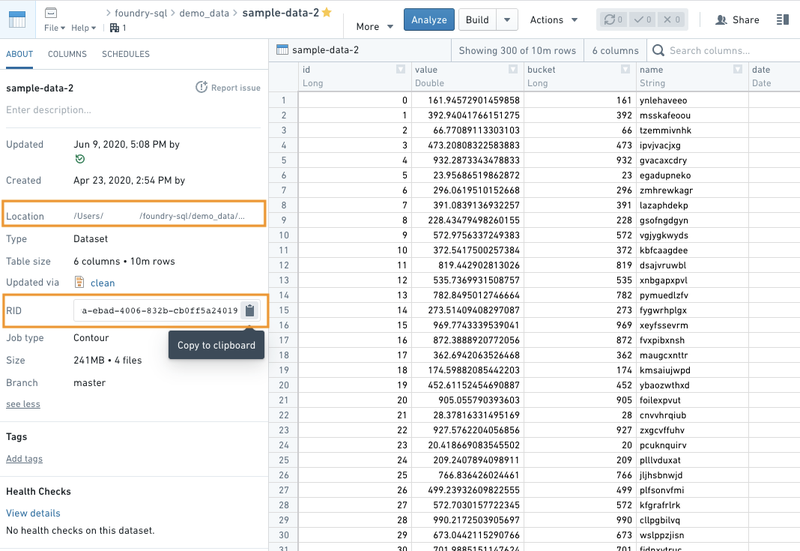 Dataset RID and location in sidebar