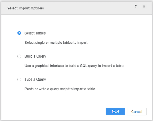 Select Import Options screen in MicroStrategy