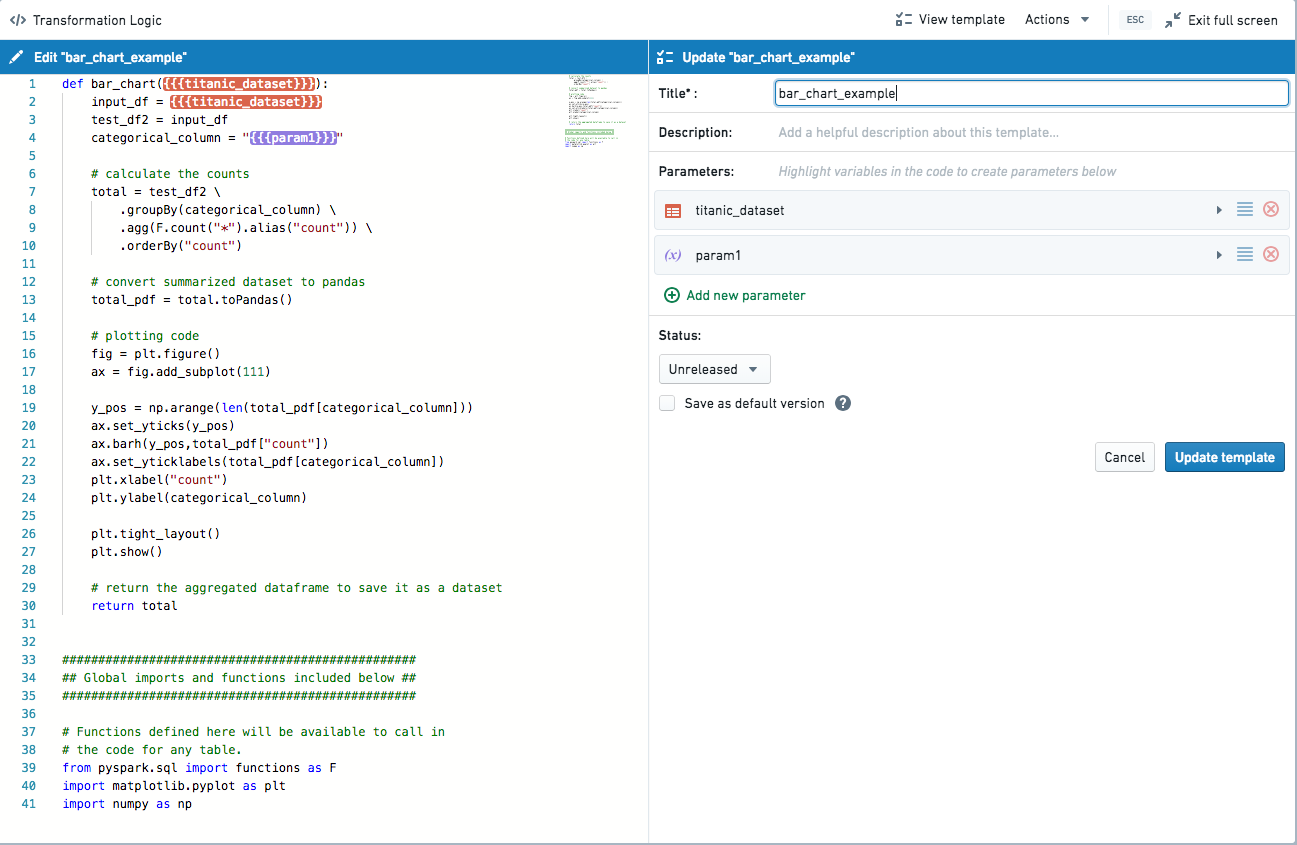 Example screenshot of Code Workbook templates