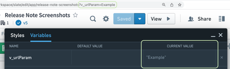 Screenshot showing the variable panel displaying both the default empty value and the current value sourced from a URL parameter.