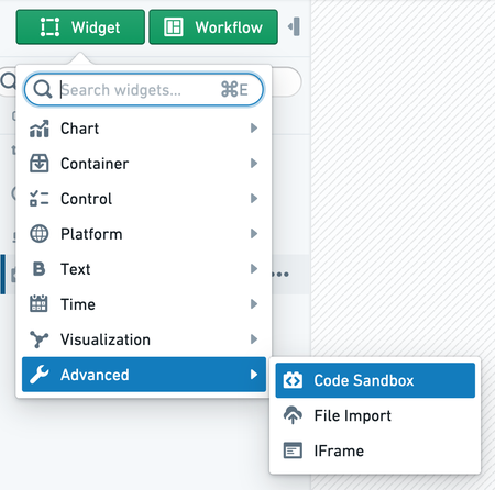 screenshot of the code sandbox widget under the advanced section of the new widget dropdown.