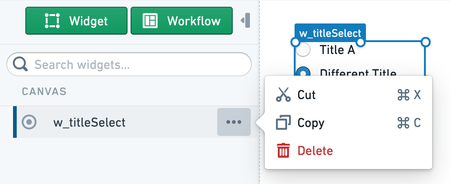 Screenshot of the new context menu in the widget sidebar displaying Cut, Copy, and Delete options.