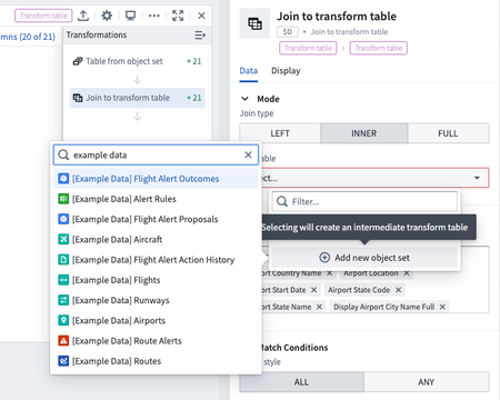 Screenshot of the add new object set option in the dropdown of Transform Table inputs.