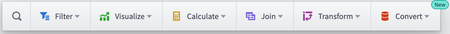 An image showing Quiver's new next actions menu with seven buttons - search, filter, visualize, calculate, join, transform and convert.