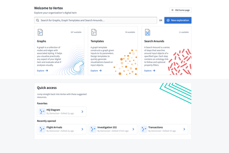 A screenshot of the new Vertex home page, featuring search across graphs and templates, recently opened graphs, and favorite graphs.