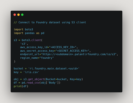 Code snippet for connecting to a Foundry dataset using an S3 client