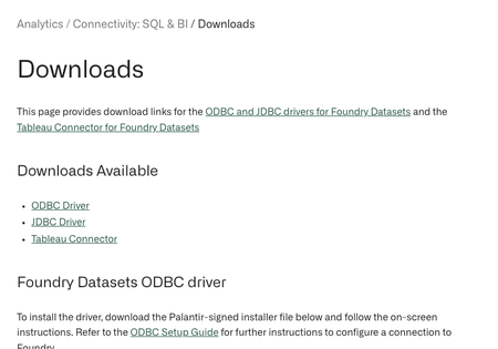 Public downloads page for Foundry dataset connectors and drivers