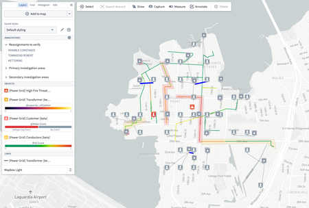 Map with polygon and line annotations of different colors.