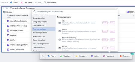 Screenshot of Transform table category showing new transforms belonging to the newly added Time Comparisons transforms categories