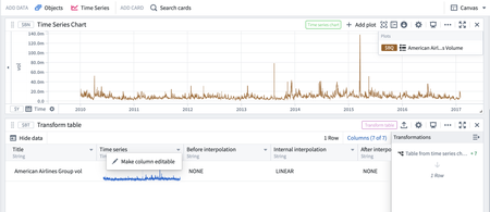 Quiver screenshot showing how to make a Time Series column editable in a Transform Table card.