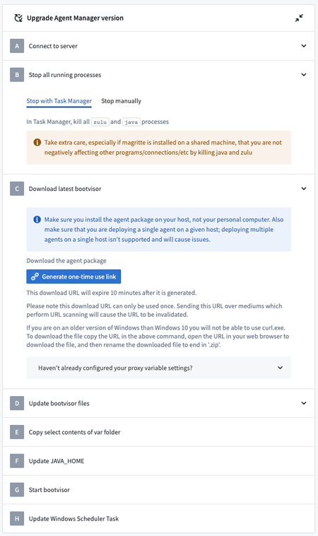 Interactive windows agent upgrade instructions in data connection