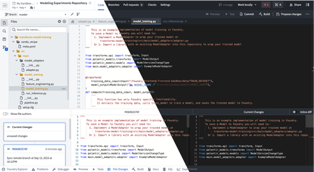 A split view of the Code Repositories application. The right side is in dark mode and the left side is in light mode.