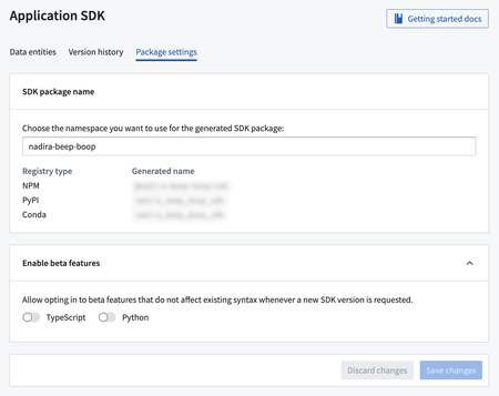 SDK generation step with a new section to toggle on beta features when generating Typescript and/or Python bindings.