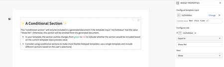 The new conditional section feature, available in Notepad templates