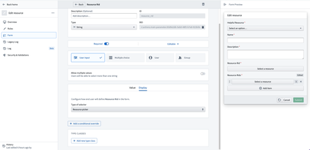 Action form configuration showing the Resource picker option for the string parameter display configuration.