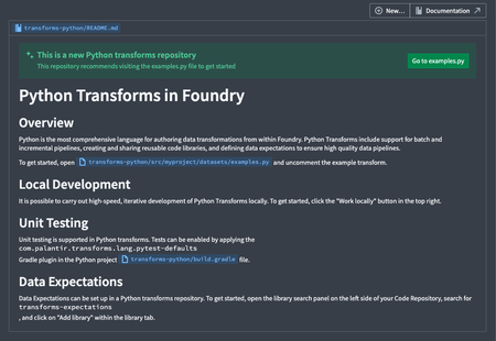 View of the new readme file initialized when creating a new python transforms repository.