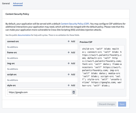 Configuring CSP rules for an developer console application