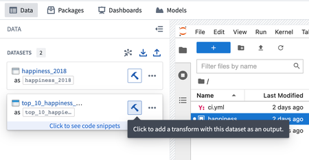 A screenshot showing the cursor hovering over the create transform button on an imported dataset in a Jupyter® code workspace.